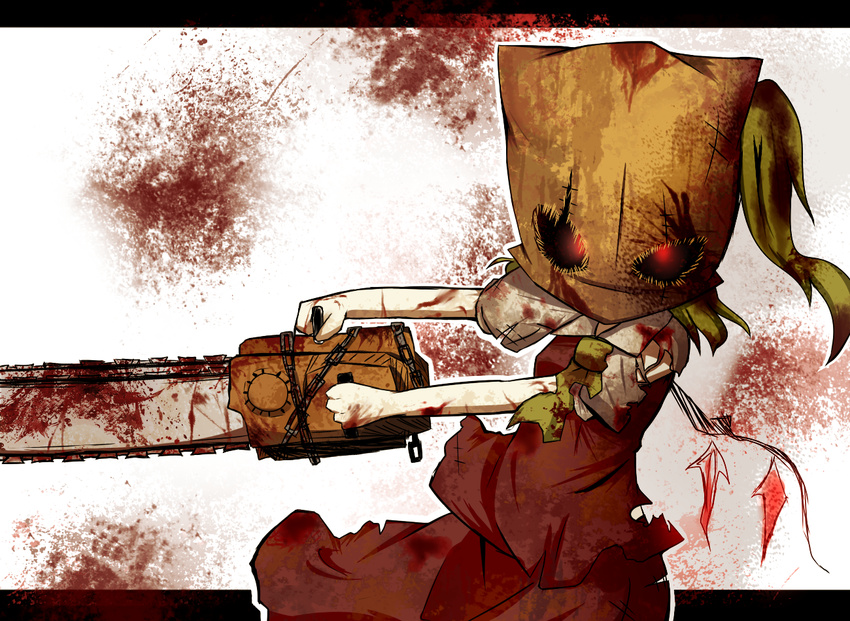 bag_over_head blonde_hair blood bloody_clothes bloody_weapon chain chainsaw flandre_scarlet gaius_(nikoniko2) glowing glowing_eyes letterboxed looking_at_viewer red_eyes resident_evil resident_evil_4 shirt side_ponytail skirt skirt_set solo torn_clothes torn_shirt torn_skirt torn_vest touhou vest weapon wings