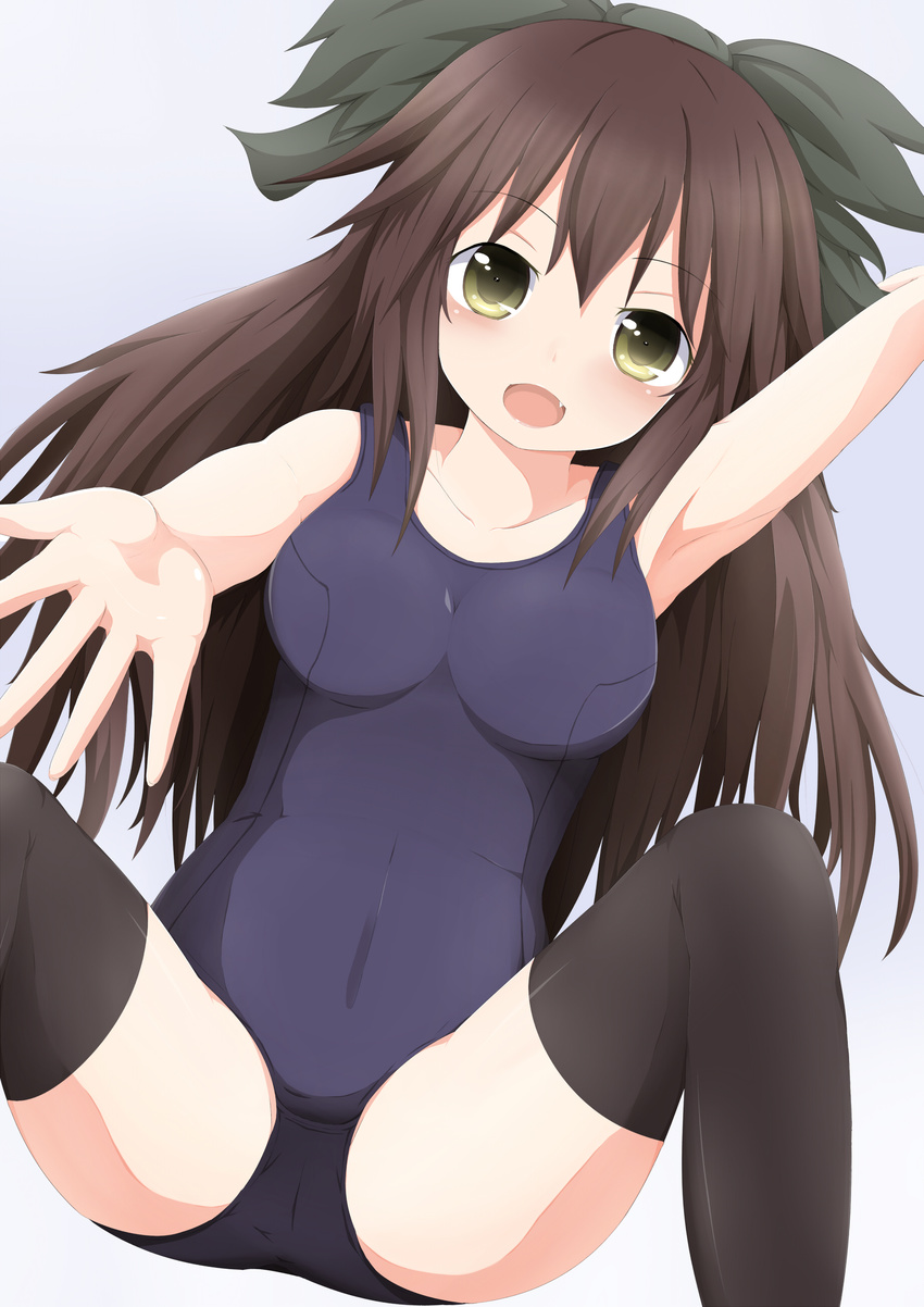 absurdres bad_id bad_pixiv_id black_hair black_legwear bow breasts fang green_eyes hair_bow highres large_breasts long_hair masa_masa one-piece_swimsuit open_mouth red_eyes reiuji_utsuho school_swimsuit smile solo swimsuit thighhighs touhou