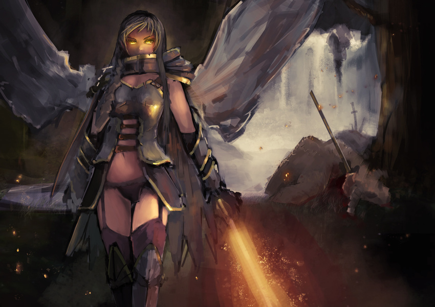 angel_wings armor breastplate copyright_request elbow_gloves faulds flaming_sword garter_straps gloves glowing glowing_eyes greaves long_hair panties pauldrons riftgarret silver_hair solo sword thighhighs underwear weapon wings yellow_eyes