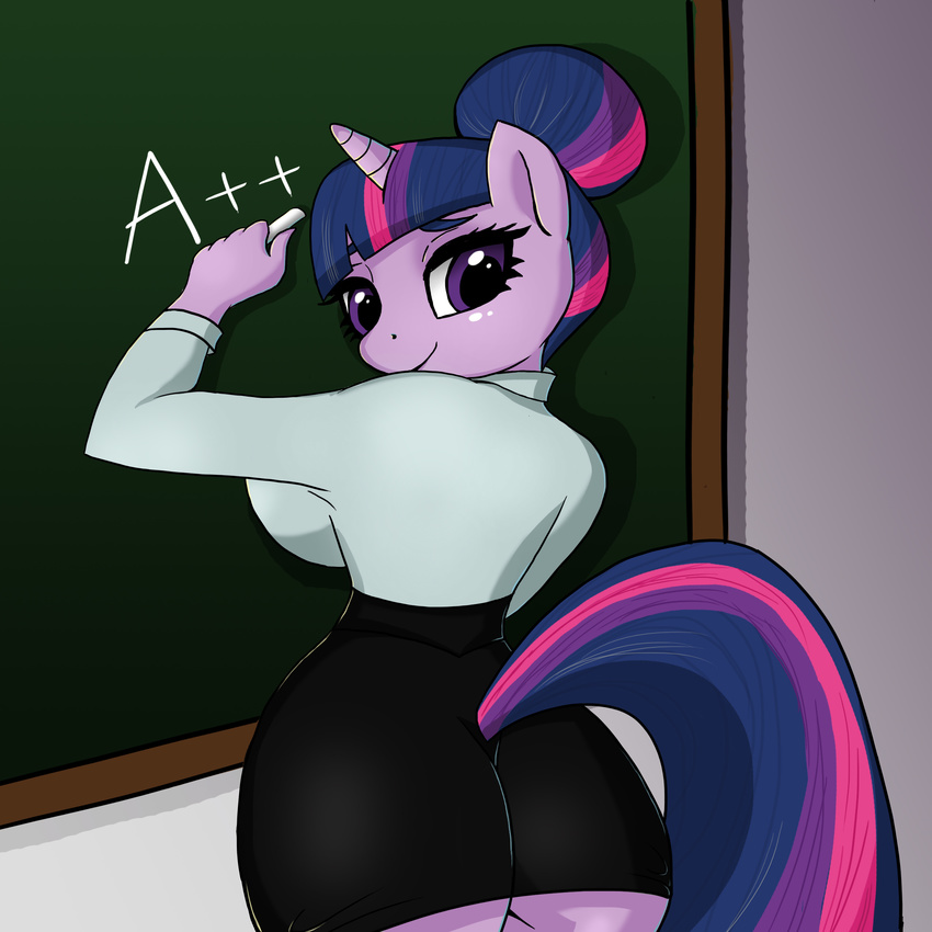 anthro anthrofied chalkboard clothing equine female friendship_is_magic fur hair horn horse looking_at_viewer looking_back mammal multi-colored_hair my_little_pony pony purple_eyes purple_fur purple_hair solo text twilight_sparkle_(mlp) unicorn wooxx