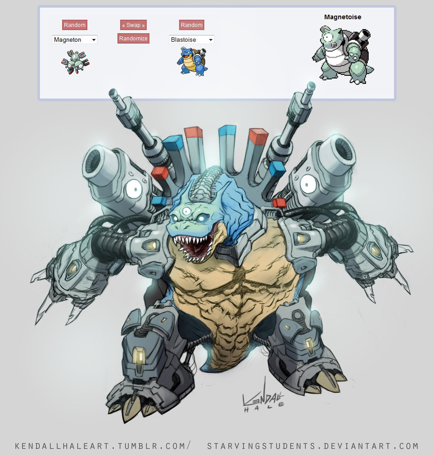 cannon commentary cyborg english_commentary fusion gen_1_pokemon highres kendall_hale magneton no_humans pixelated pokemon pokemon_(creature) sharp_teeth teeth weapon