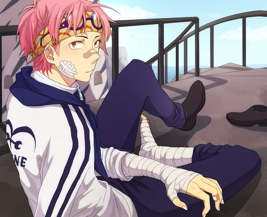 1boy bandage bandaid blue_sky glasses glasses_on_head headband kobi looking_at_camera looking_at_viewer mako1124 male male_focus marine marines ocean one_piece outdoors over_shoulder pink_hair ship sitting sky solo uniform