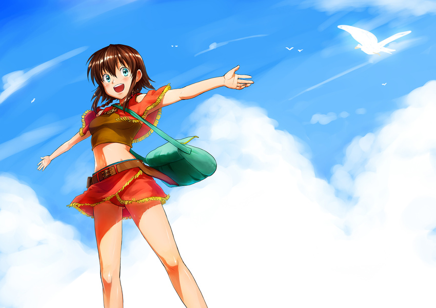 amy_(suisei_no_gargantia) bag bare_shoulders bird blue_eyes brown_hair cloud day eri_(resia) fringe_trim highres seagull short_hair skirt sky smile solo suisei_no_gargantia