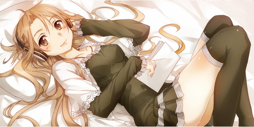abec asuna_(sao) bad_id bad_yandere_id bed_sheet black_legwear blouse brown_eyes brown_hair from_above hand_on_own_chest hand_up headphones highres knees_up legs long_legs looking_at_viewer looking_up lying on_back sword_art_online thighhighs