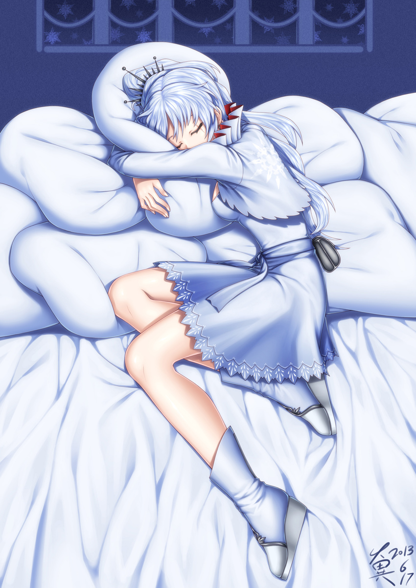 absurdres bed bed_sheet boots closed_eyes dress from_above from_side full_body hair_ornament highres indoors logo long_hair long_legs long_sleeves on_bed pillow ponytail ribbon rwby scar signature sleeping snowflakes socks solo tabi wedge_heels weiss_schnee white_hair white_legwear window zerg309