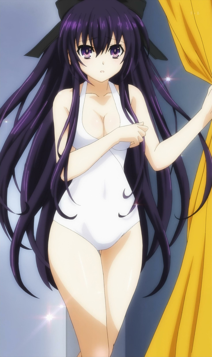 absurdres breasts cleavage curtains date_a_live highres long_hair purple_eyes purple_hair screencap solo sparkle swimsuit yatogami_tooka