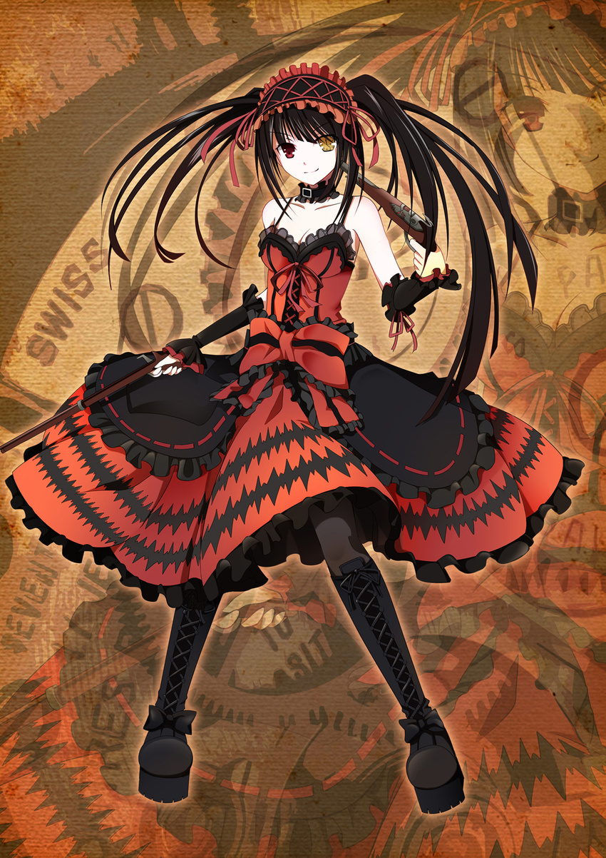 absurdres bare_shoulders black_hair boots breasts cleavage clock_eyes date_a_live dress full_body hairband heterochromia highres lac lolita_fashion lolita_hairband long_hair looking_at_viewer medium_breasts pantyhose red_dress red_eyes ribbon smile solo standing symbol-shaped_pupils tokisaki_kurumi twintails yellow_eyes zoom_layer