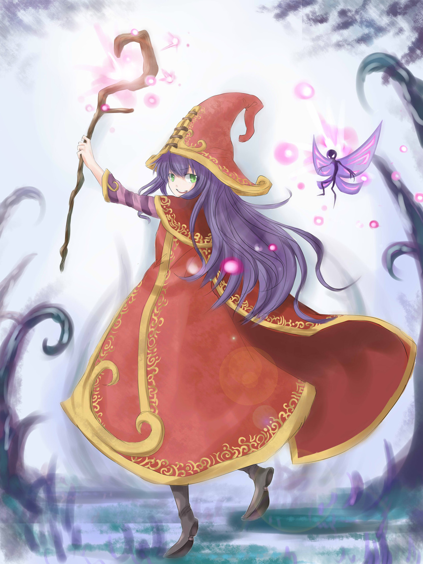 1girl butterfly_wings female green_eyes hat highres league_of_legends lulu_(league_of_legends) open_mouth purple_hair smile solo staff wings witch_hat