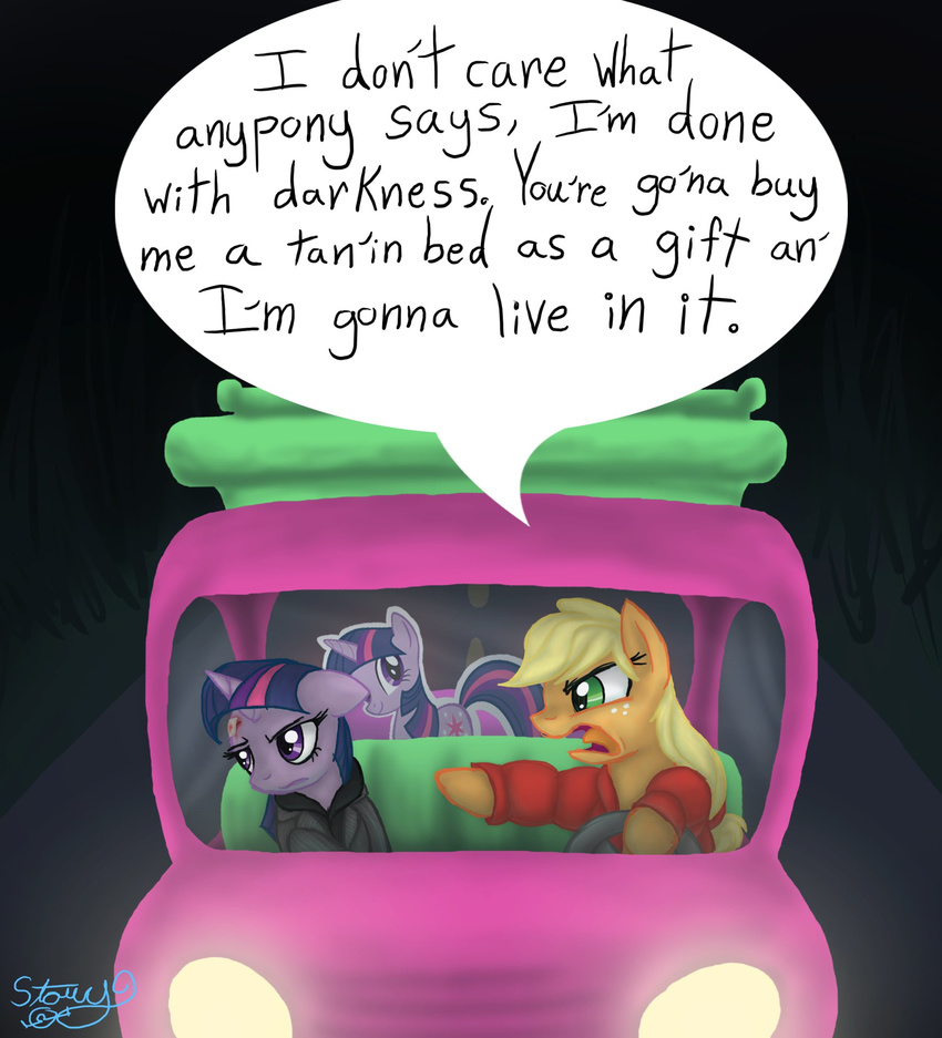 angry another-story-2tell applejack_(mlp) blonde_hair car cardboard clothing duo equine eyes female feral freckles friendship_is_magic fur green_eyes hair horn horse mammal my_little_pony orange_fur outside pony purple_eyes purple_fur purple_hair signature twilight_sparkle_(mlp) unicorn