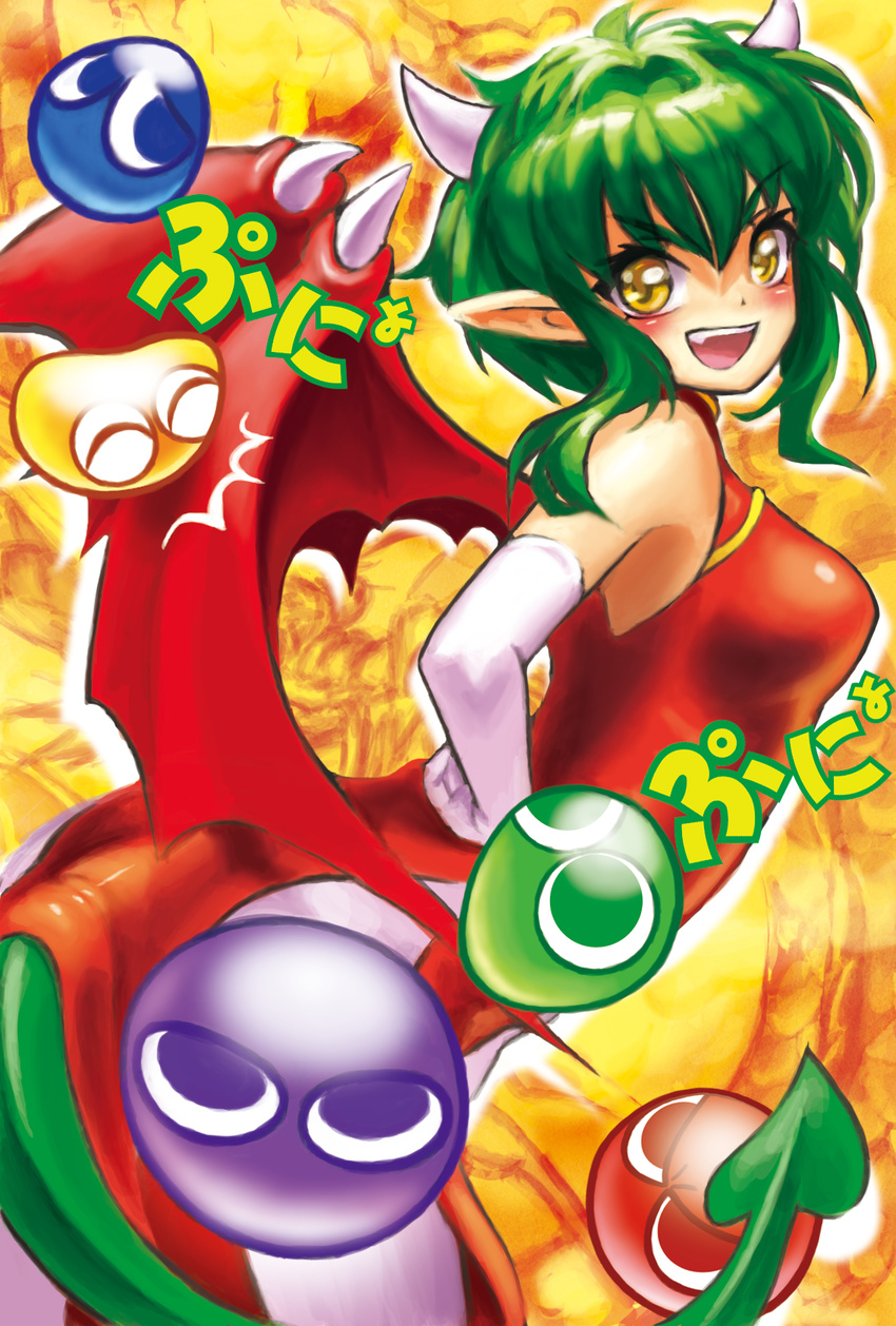 blob blush draco_centauros dragon_girl dragon_horns dragon_tail dragon_wings gloves green_hair hand_on_hip highres horns madou_monogatari orange_background pointy_ears puyo_(puyopuyo) puyopuyo red_wings saraoku-san short_hair smile tail wings yellow_eyes