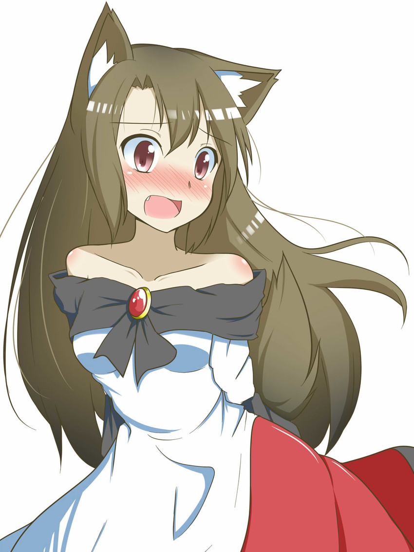 animal_ears arms_behind_back bare_shoulders blush brooch brown_hair collarbone dress fang highres imaizumi_kagerou jewelry kitsunetsu_(rcu_be1s) layered_dress long_hair looking_away open_mouth red_eyes simple_background solo strapless strapless_dress tail touhou white_background wolf_ears wolf_tail