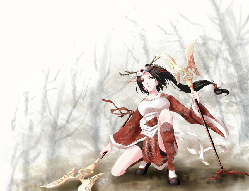 1girl absurdres akali axe black_hair closed_mouth emerald_(7262930) female highres league_of_legends long_hair mask red_eyes solo traditional_clothes weapon