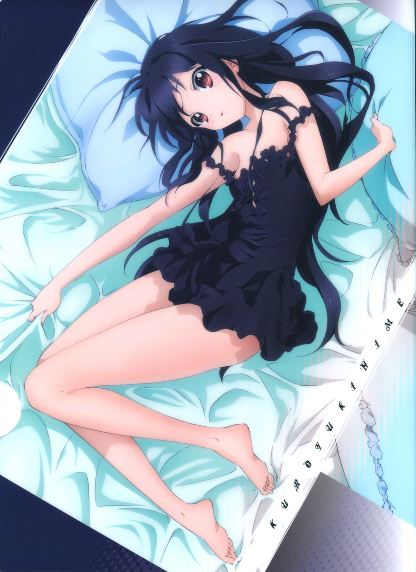 absurdres accel_world artist_request babydoll bare_legs barefoot bed bed_sheet black_hair blush chemise feet frills highres kuroyukihime lingerie long_hair looking_at_viewer lying official_art on_back open_mouth parted_lips pillow red_eyes ribbon scan sheet_grab solo strap_slip underwear