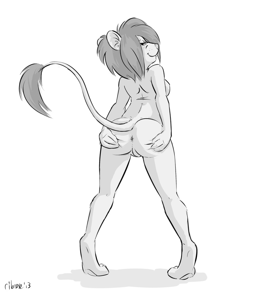 anus black_and_white breasts butt feline female greyscale hair lion looking_at_viewer looking_back mammal maya_white monochrome plain_background presenting presenting_hindquarters pussy ribnose side_boob smile solo spreading white_background