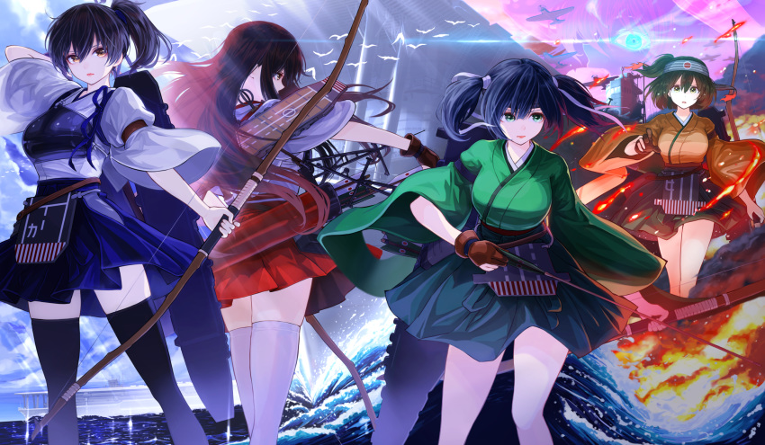 5girls akagi_(kantai_collection) apron archery arrow bangs blue_hair bow_(weapon) breasts brown_eyes brown_gloves brown_hair commentary_request flight_deck gloves glowing glowing_eyes hair_ribbon hakama hakama_skirt headband highres hiryuu_(kantai_collection) iseki_(kuroshura_no_tabiji) japanese_clothes kaga_(kantai_collection) kantai_collection kyuudou large_breasts long_hair long_sleeves multiple_girls muneate nontraditional_miko one_side_up pale_skin partly_fingerless_gloves pleated_skirt quiver red_skirt ribbon shinkaisei-kan short_hair side_ponytail single_glove skirt souryuu_(kantai_collection) straight_hair thighhighs twintails weapon white_legwear wo-class_aircraft_carrier yugake yumi_(bow)