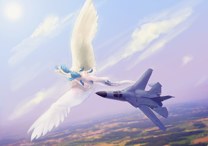 aardvark blue_hair cloud clouds dragon f-111 f-111_aardvark feathered floof flying fur furred hair hexapod jet myfi ohi twistedteeth white white_feathers white_fur