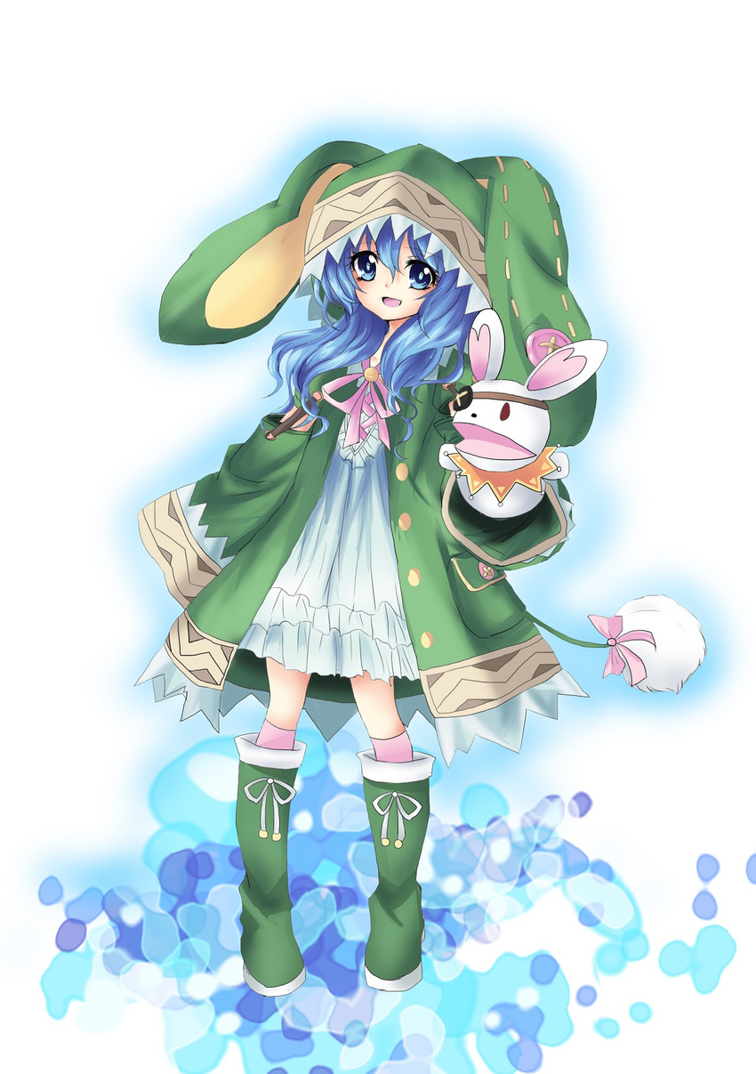 animal_ears animal_hood blue_eyes blue_hair boots bow bunny bunny_ears coat date_a_live eyepatch green_footwear hand_puppet highres hood long_hair looking_at_viewer open_mouth puppet solo stuffed_animal stuffed_bunny stuffed_toy takusan yoshino_(date_a_live) yoshinon