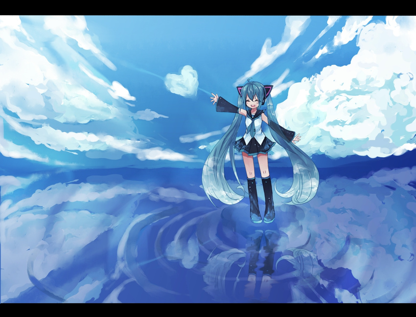 aqua_hair boots closed_eyes cloud day detached_sleeves hatsune_miku knee_boots letterboxed long_hair reflection sailor_collar skirt sky solo twintails very_long_hair vocaloid yuyu_(piko01)