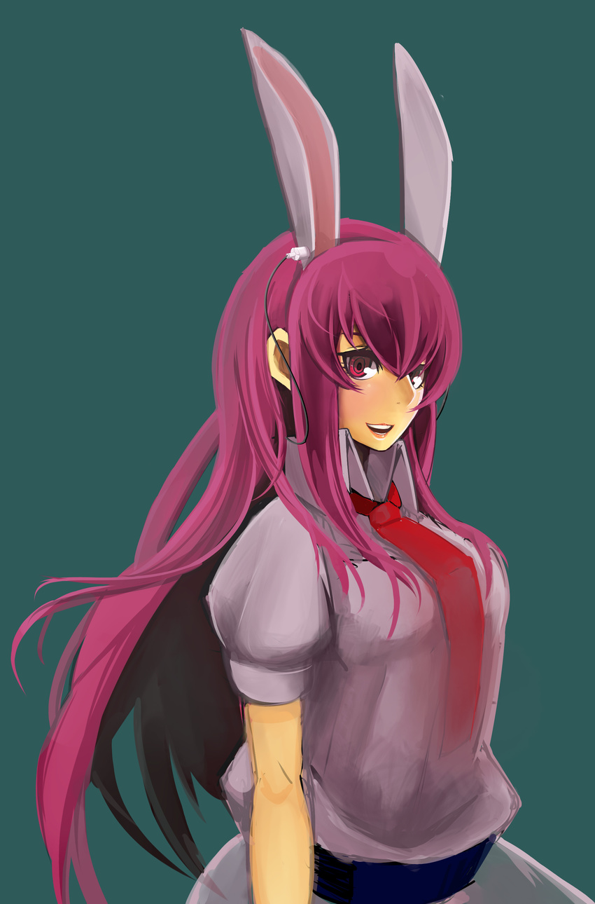 absurdres animal_ears breasts bunny_ears dress_shirt extra_ears haruharudog highres lips long_hair medium_breasts necktie open_mouth purple_hair red_eyes red_neckwear reisen_udongein_inaba shirt simple_background solo touhou