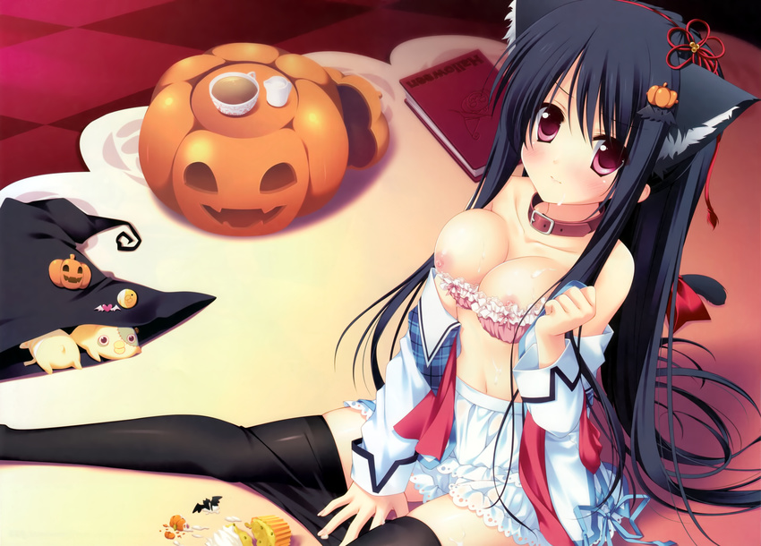 absurdres animal_ears bare_shoulders black_hair black_legwear blush book bra breasts cat_ears cat_tail cleavage collar cream creamer_(vessel) cup cupcake food food_on_body food_themed_hair_ornament hair_ornament hair_ribbon hat hatori_piyoko highres huge_filesize jack-o'-lantern large_breasts long_hair navel nipples off_shoulder pantyhose pantyhose_pull pink_bra pumpkin_hair_ornament red_eyes ribbon scan sitting solo strawberry_nauts tail tail_ribbon teacup underwear very_long_hair witch_hat yatsuka_itsuki