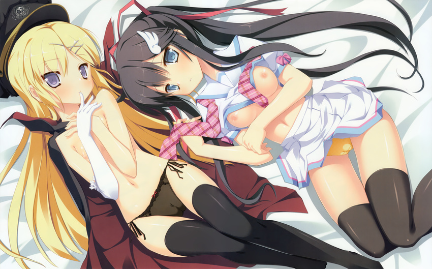 absurdres amamoto_rui asymmetrical_gloves bed_sheet black_hair black_legwear black_panties blonde_hair blue_eyes breasts cameltoe elbow_gloves flat_chest from_above gloves hair_ornament hair_ribbon highres hondou_ayano huge_filesize long_hair lying medium_breasts multiple_girls naka_no_hito_nado_inai! navel nimura_yuuji nipples on_back panties purple_eyes red_ribbon ribbon shirt_lift side-tie_panties skirt thighhighs underwear white_gloves white_skirt yellow_panties