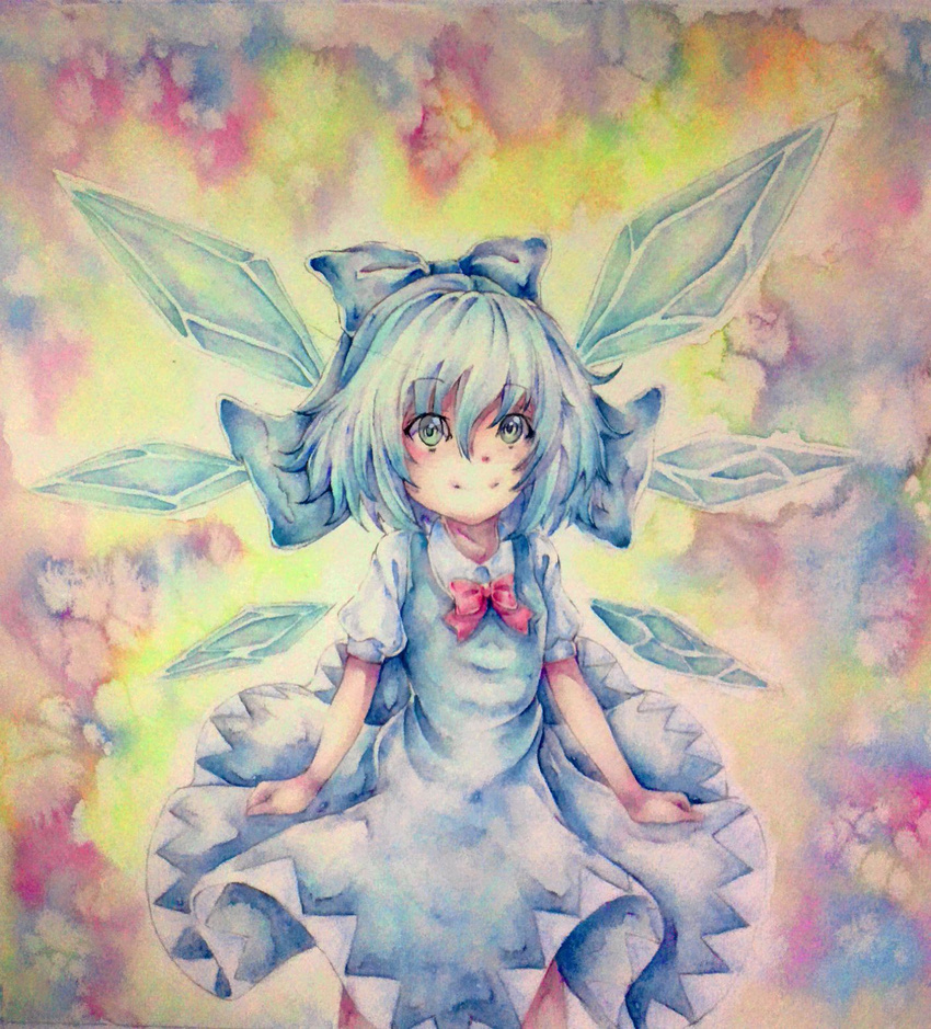 blue_eyes blue_hair bow cirno highres ice ice_wings skirt smile solo touhou traditional_media watercolor_(medium) wings yuyu_(00365676)