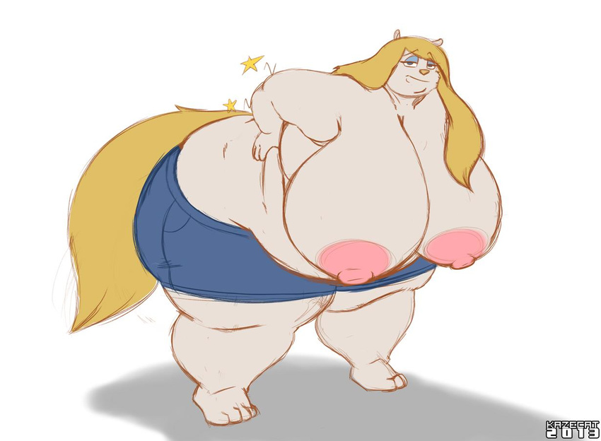 areola back_pain bent_over big_areola big_breasts breasts chubby cleavage clothed clothing female huge_breasts kazecat mammal minerva_mink mink mustelid nipples obese overweight shorts topless