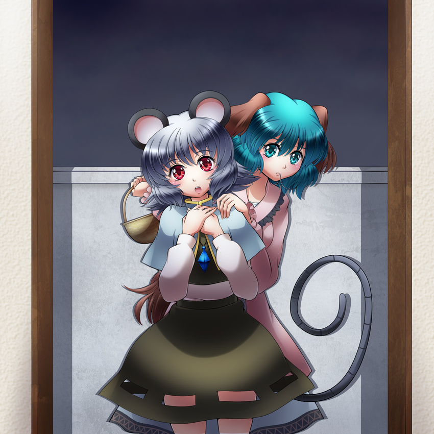 absurdres animal_ears basket blush capelet dress eating green_eyes green_hair grey_hair hand_on_another's_shoulder hands_together highres jewelry kasodani_kyouko mouse mouse_ears mouse_tail multiple_girls nazrin open_mouth pendant raionsan red_eyes short_hair skirt smile tail touhou
