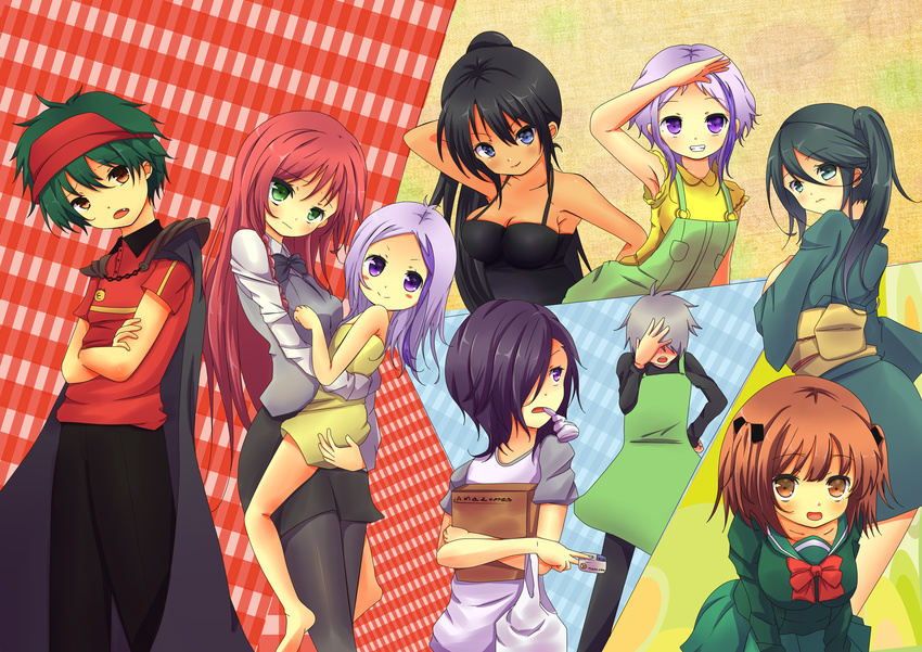 6+girls apron arras_ramus ashiya_shirou bag black_hair blue_eyes blush blush_stickers bow bowtie box breasts brown_eyes brown_hair cape carrying character_request cleavage credit_card dress facepalm frown green_eyes green_hair hair_over_eyes hair_over_one_eye hat hataraku_maou-sama! highres japanese_clothes kamazuki_suzuno kimono long_hair maou_sadao medium_breasts mouth_hold multiple_boys multiple_girls odamanoe open_mouth overalls pantyhose ponytail purple_eyes purple_hair red_hair sasaki_chiho school_uniform shopping_bag short_hair side_ponytail skirt smile uniform urushihara_hanzou vest yusa_emi