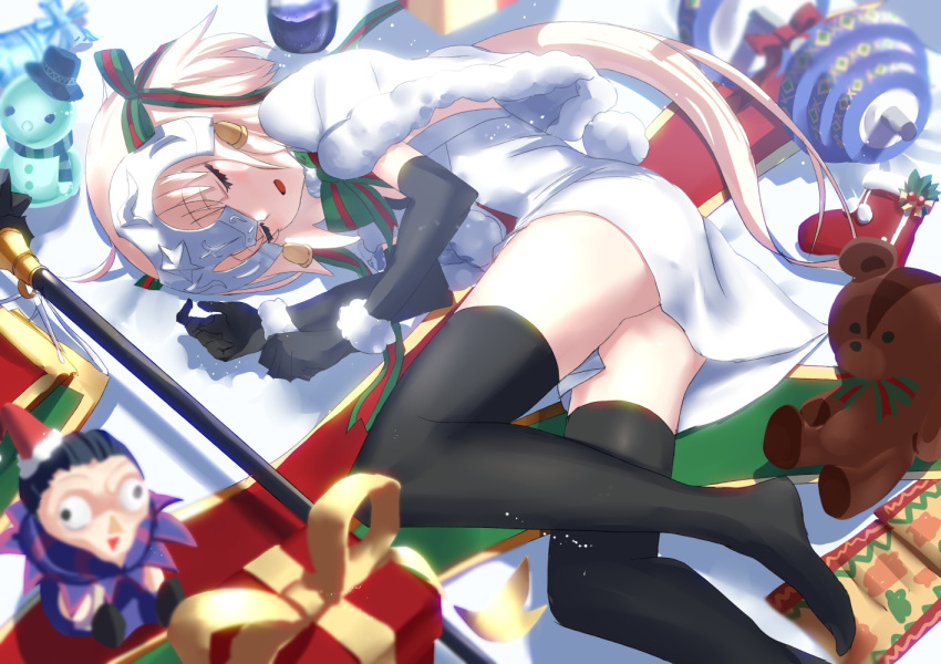 1girl ahoge ass black_bikini_top black_gloves black_legwear blonde_hair blurry bow capelet commentary_request depth_of_field elbow_gloves eyebrows_visible_through_hair eyes_closed fate/grand_order fate_(series) fur-trimmed_capelet fur_trim gift gloves green_bow green_ribbon headpiece jeanne_d'arc_(fate)_(all) jeanne_d'arc_alter_santa_lily long_hair lying on_side ribbon sleeping striped striped_bow striped_ribbon thighs tsuuhan very_long_hair white_capelet