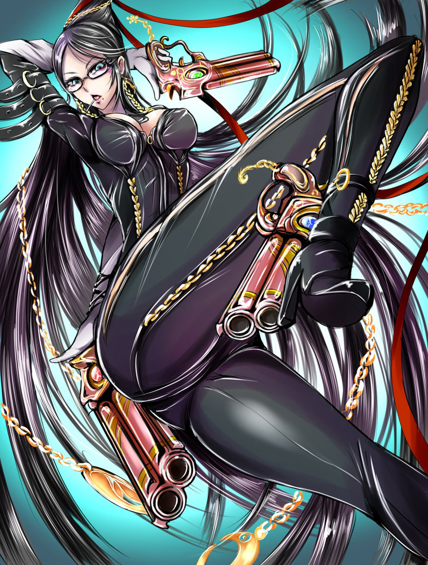 ankle_gun ass bayonetta bayonetta_(character) beehive_hairdo black_hair blue_eyes bodysuit breasts candy cleavage cleavage_cutout earrings elbow_gloves food glasses gloves gun hair_ribbon handgun high_heels highres jewelry large_breasts lollipop long_hair mole mole_under_mouth mouth_hold parted_lips quadruple_wielding ribbon sangyou_haikibutsu_(turnamoonright) shoes solo very_long_hair weapon white_gloves