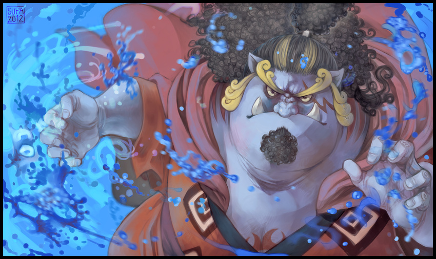 2012 blue_skin facial_hair fighting_stance fishman frown gills jimbei long_hair male_focus monster_boy multicolored_hair one_piece scar signature solo supario tattoo tusks underwater webbed_hands