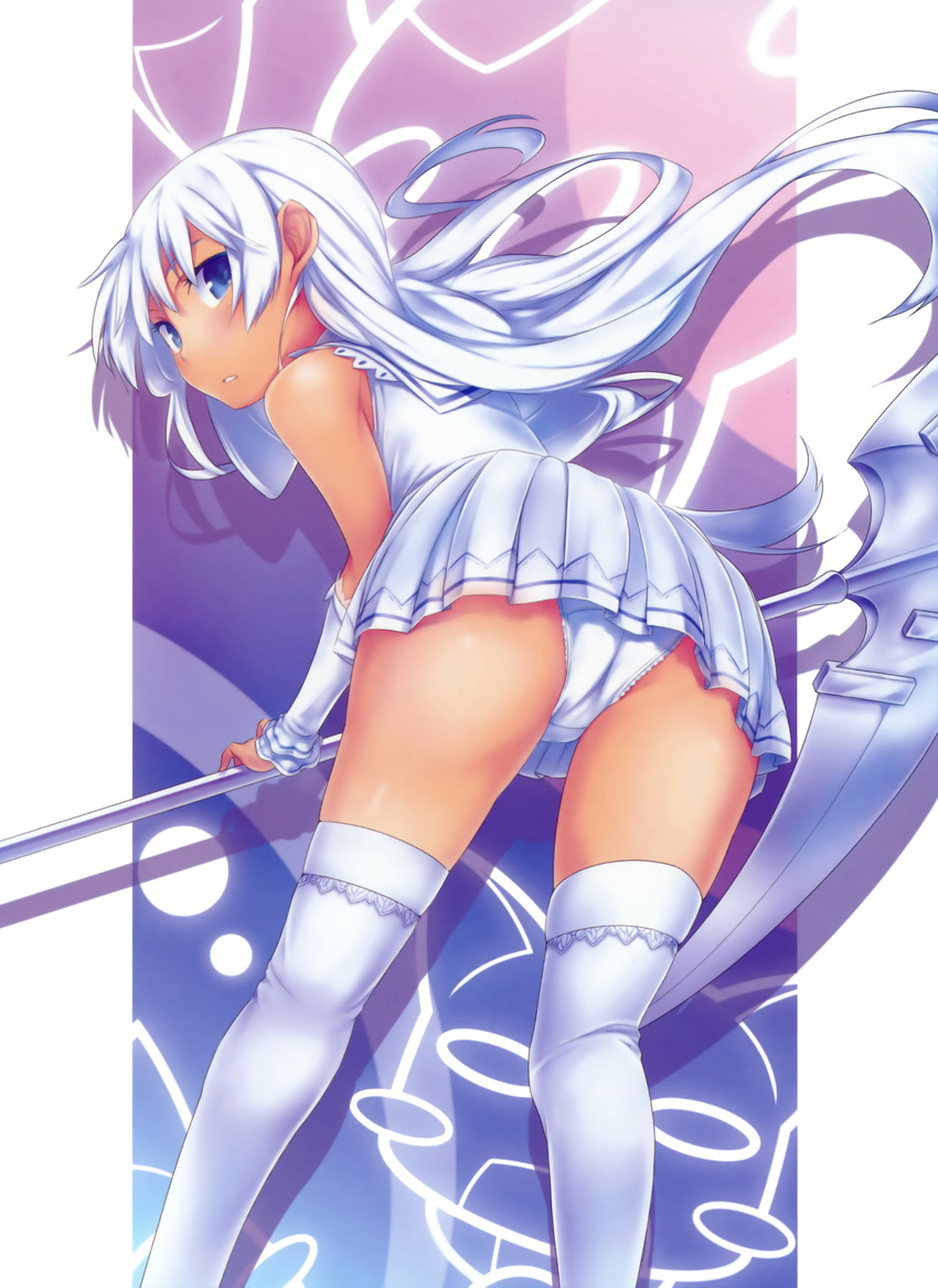 absurdres arm_warmers ass blue_eyes highres leaning_forward long_hair looking_back momo_(shinigami_no_ballad) nanakusa panties parted_lips pleated_skirt scan scythe shinigami_no_ballad skirt solo thighhighs underwear very_long_hair white_hair white_legwear white_panties