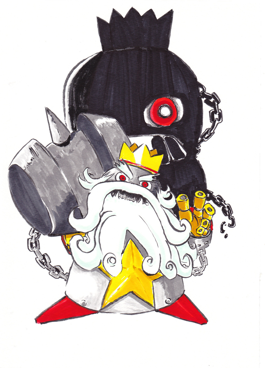 crown hammer highres marker_(medium) nib_pen_(medium) no_humans red_eyes smithy solo star super_mario_rpg traditional_media tsukasa-emon