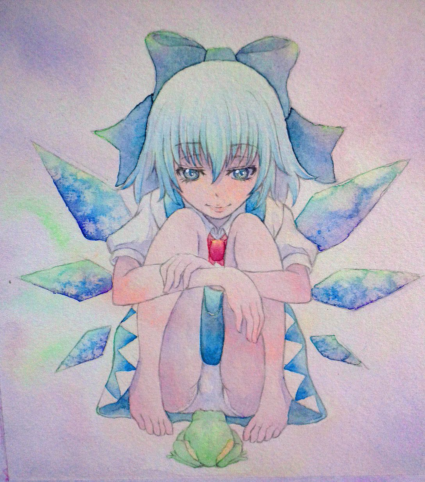 bare_legs barefoot blue_eyes blue_hair bow cirno eyelashes frog hair_bow highres knees_to_chest large_bow leg_hug panties pantyshot pantyshot_(sitting) short_hair sitting solo touhou traditional_media underwear watercolor_(medium) white_panties wings yuyu_(00365676)