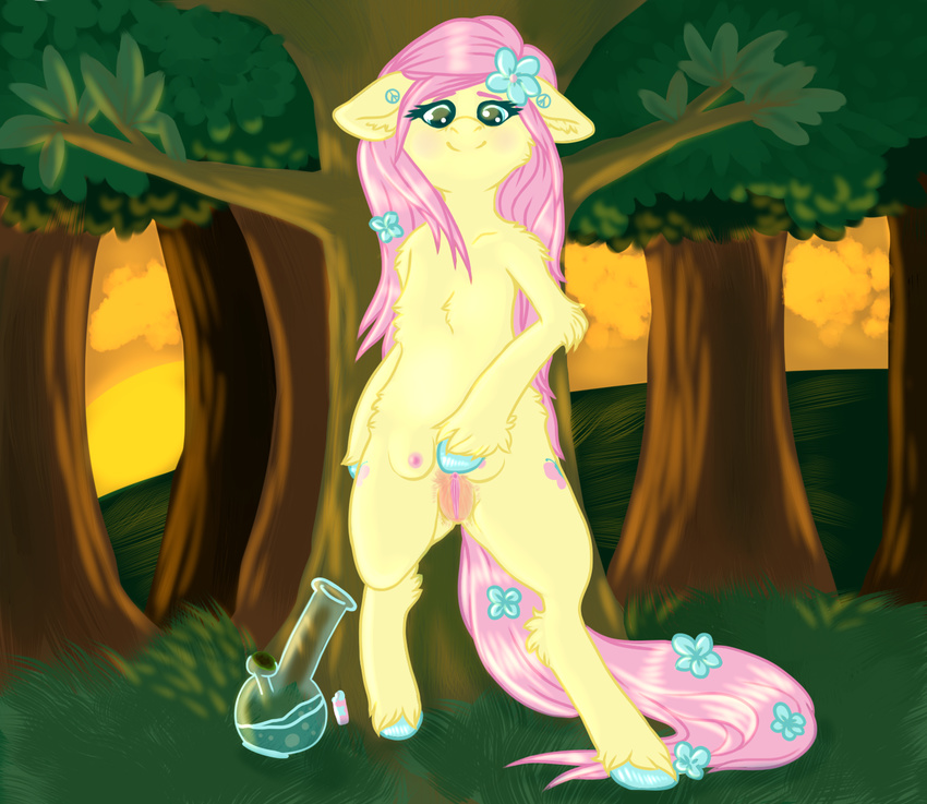 anthro anthrofied blush bong coppahhead cutie_mark drugs equine female fluttershy_(mlp) friendship_is_magic fur green_eyes hair horse mammal my_little_pony outside pink_hair pony pussy solo tree yellow_fur