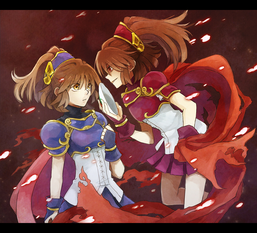 arle_nadja armor armored_dress bad_id bad_pixiv_id blue_skirt brown_hair cape doppelganger_arle evil_smile eye_contact half_updo letterboxed looking_at_another madou_monogatari mask multiple_girls puyopuyo red_cape red_eyes sewenan short_hair skirt smile wrist_cuffs yellow_eyes