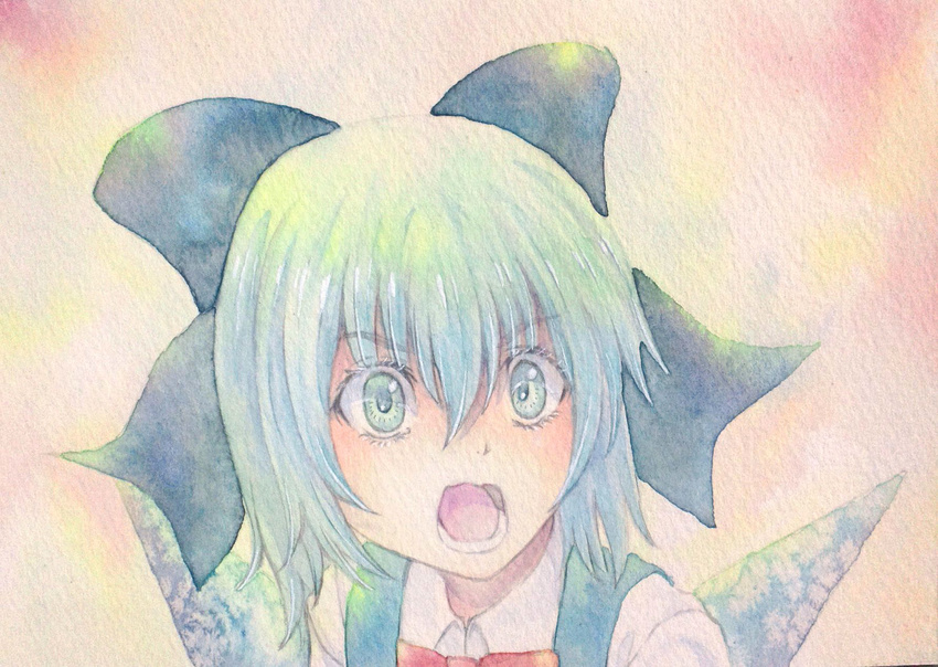 blue_eyes blue_hair bow cirno highres open_mouth solo touhou traditional_media watercolor_(medium) wings yuyu_(00365676)