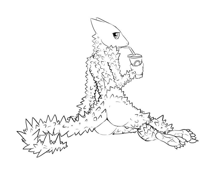 drinking horridus lizard looking_at_viewer monochrome plain_background plantigrade reclining reptile savage_dragon scalie soda soles thorny_devil unknown_artist white_background