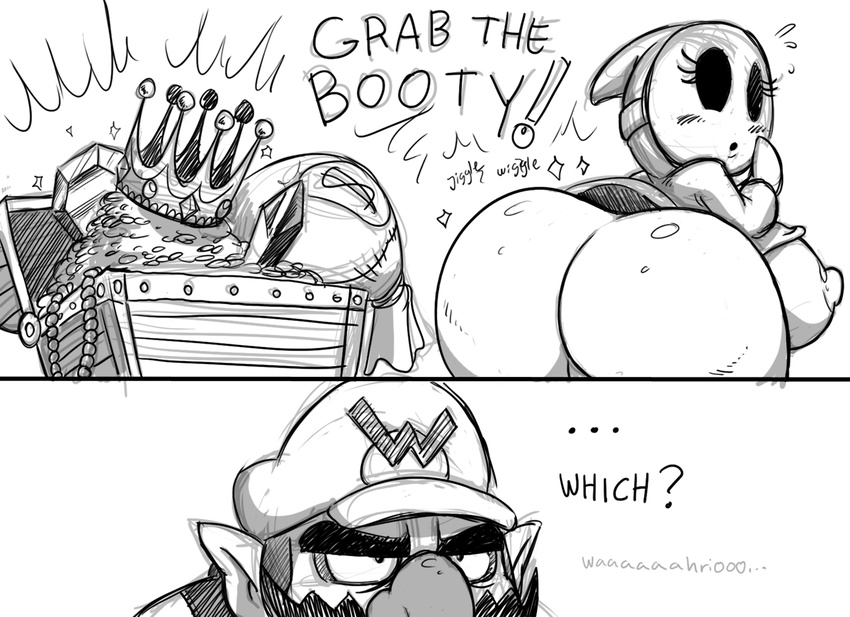 areola big_breasts big_butt blush bottomless breasts butt coins crossgender crown crystal daredemon7000 duo english_text erect_nipples facial_hair female gem hat hi_res huge_breasts huge_butt looking_at_viewer looking_back male mario_bros monochrome mustache nintendo nipples presenting presenting_hindquarters shygirl shyguy text treasure unknown_artist video_games wario