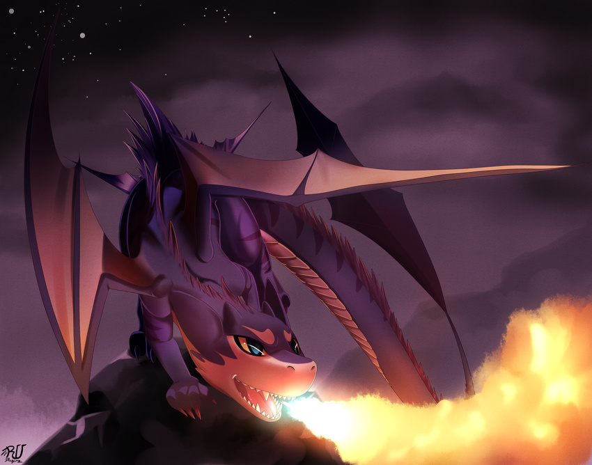 absurd_res ambiguous_gender blue_eyes dragon feral fire hi_res night outside purple_body rudragon solo stars wings