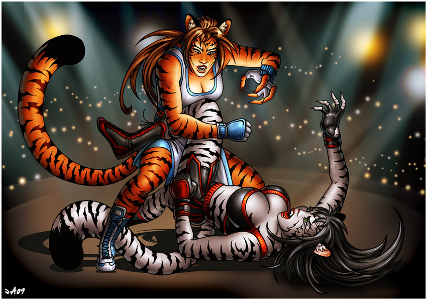 big_breasts breasts brown_hair candra claws clothed clothing feline female fight green_eyes grey_hair hair lipstick long_hair mammal open_mouth stripes tiger white_tiger wrestling