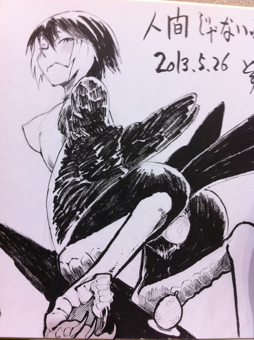 1girl anus ass blush breasts dated egg egg_laying feathered_wings harpy highres kanemaki_thomas large_breasts monochrome monster_girl multicolored_hair nipples nude original photo pussy_juice shikishi short_hair solo tail talons thomas_(iron_tom) traditional_media two-tone_hair wince wings