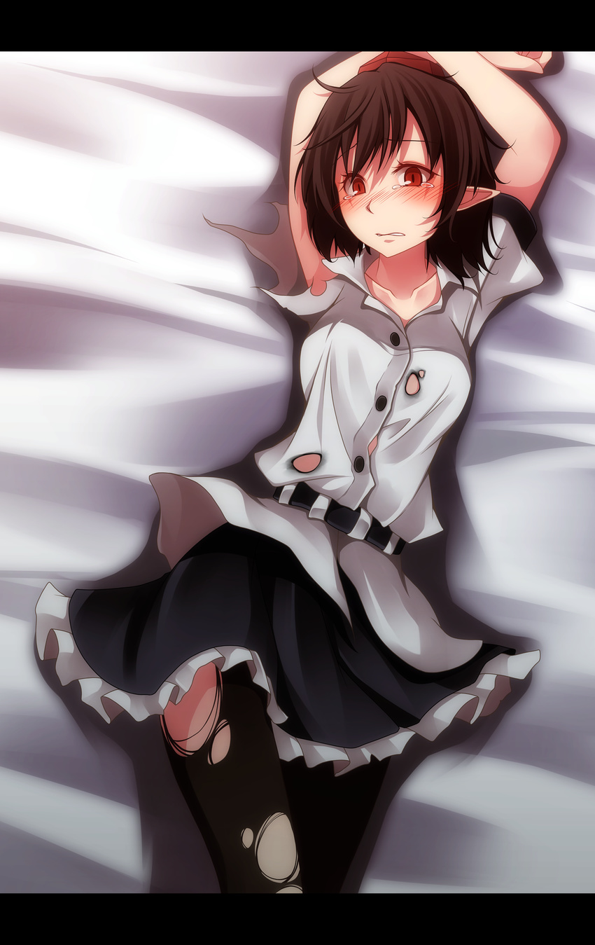 animal_ears arms_up bad_id bad_pixiv_id bed_sheet belt black_hair black_legwear blush buttons collarbone embarrassed hat highres looking_at_viewer pantyhose pointy_ears red_eyes s-syogo shameimaru_aya short_hair skirt solo tears tokin_hat torn_clothes torn_legwear touhou