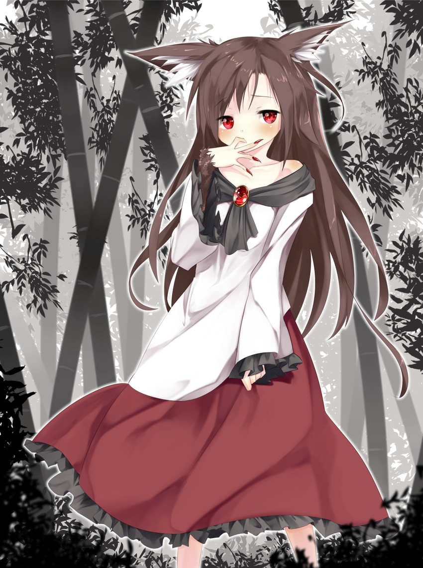 animal_ears bamboo bamboo_forest blush brooch brown_hair collarbone finger_in_mouth fingernails forest fur gorilla_(bun0615) highres imaizumi_kagerou jewelry long_fingernails long_hair long_sleeves looking_at_viewer nail_polish nature red_eyes red_nails shirt skirt touhou very_long_hair wide_sleeves wolf_ears