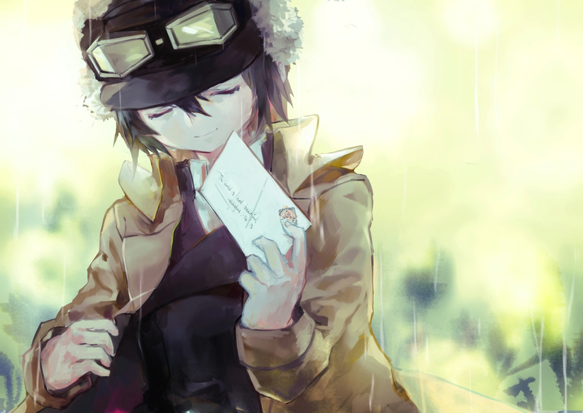 aimiao_(cat_&amp;_believer) beige_coat black_hat black_jacket closed_eyes coat collared_coat collared_shirt fur_hat goggles goggles_on_headwear hair_between_eyes hat holding_letter jacket kino kino_no_tabi letter long_sleeves rain reverse_trap shirt short_hair smile solo tomboy white_shirt
