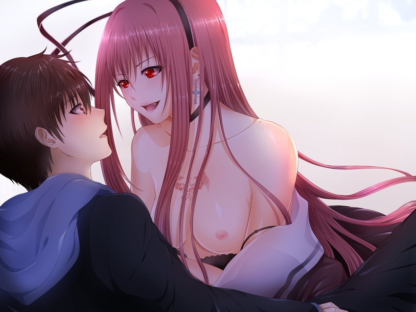 1girl :d bad_id bad_pixiv_id bangs black_bra blazer bra bra_pull breasts breasts_apart breasts_outside brown_hair choker cross cross_earrings earrings eye_contact fang from_side fukufuku glowing glowing_eyes gothic hair_between_eyes hair_intakes hair_ribbon hairband highres holy_knight hood hoodie jacket jewelry kishimoto_lilith lace lace-trimmed_bra lipstick long_hair long_sleeves looking_at_another makeup medium_breasts mizumura_shinta naughty_face nipples off_shoulder open_mouth pink_hair profile red_eyes ribbon school_uniform serafuku shiny shiny_hair shirt shirt_pull sidelocks simple_background sitting sitting_on_lap sitting_on_person smile strap_slip tattoo underwear upper_body very_long_hair white_background