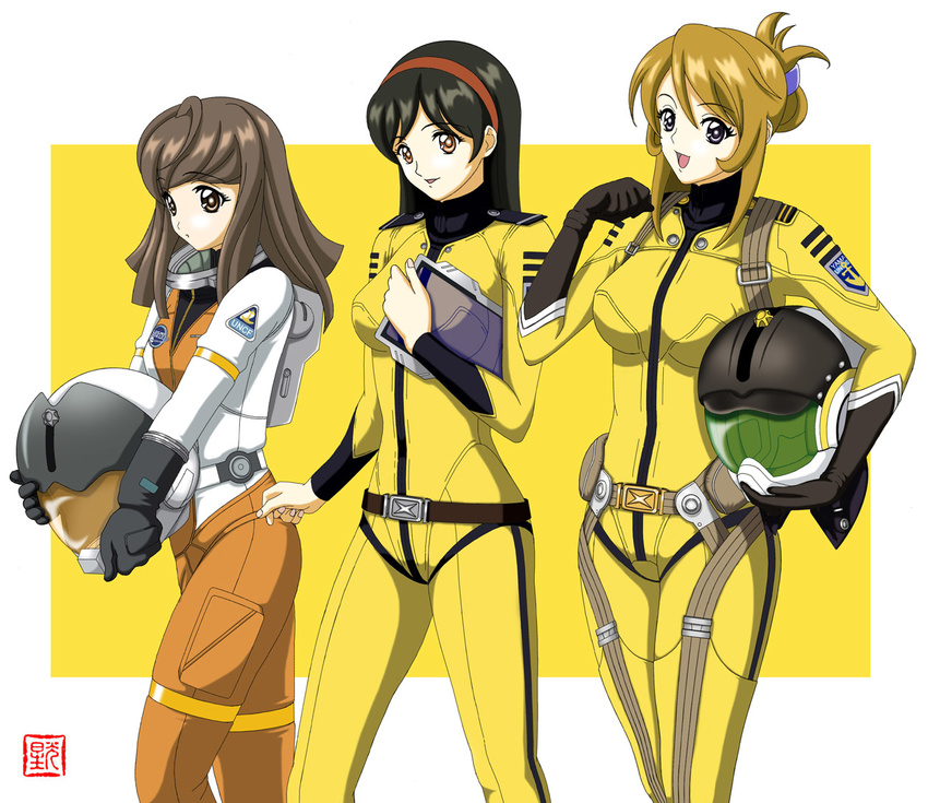 ahoge bad_id bad_pixiv_id black_eyes black_hair blonde_hair bodysuit brown_eyes brown_hair geitassha helmet long_hair military military_uniform misaki_yuria mori_yuki multiple_girls pilot_suit saijou_miki science_fiction spacesuit uchuu_senkan_yamato uchuu_senkan_yamato_2199 uniform yellow_bodysuit