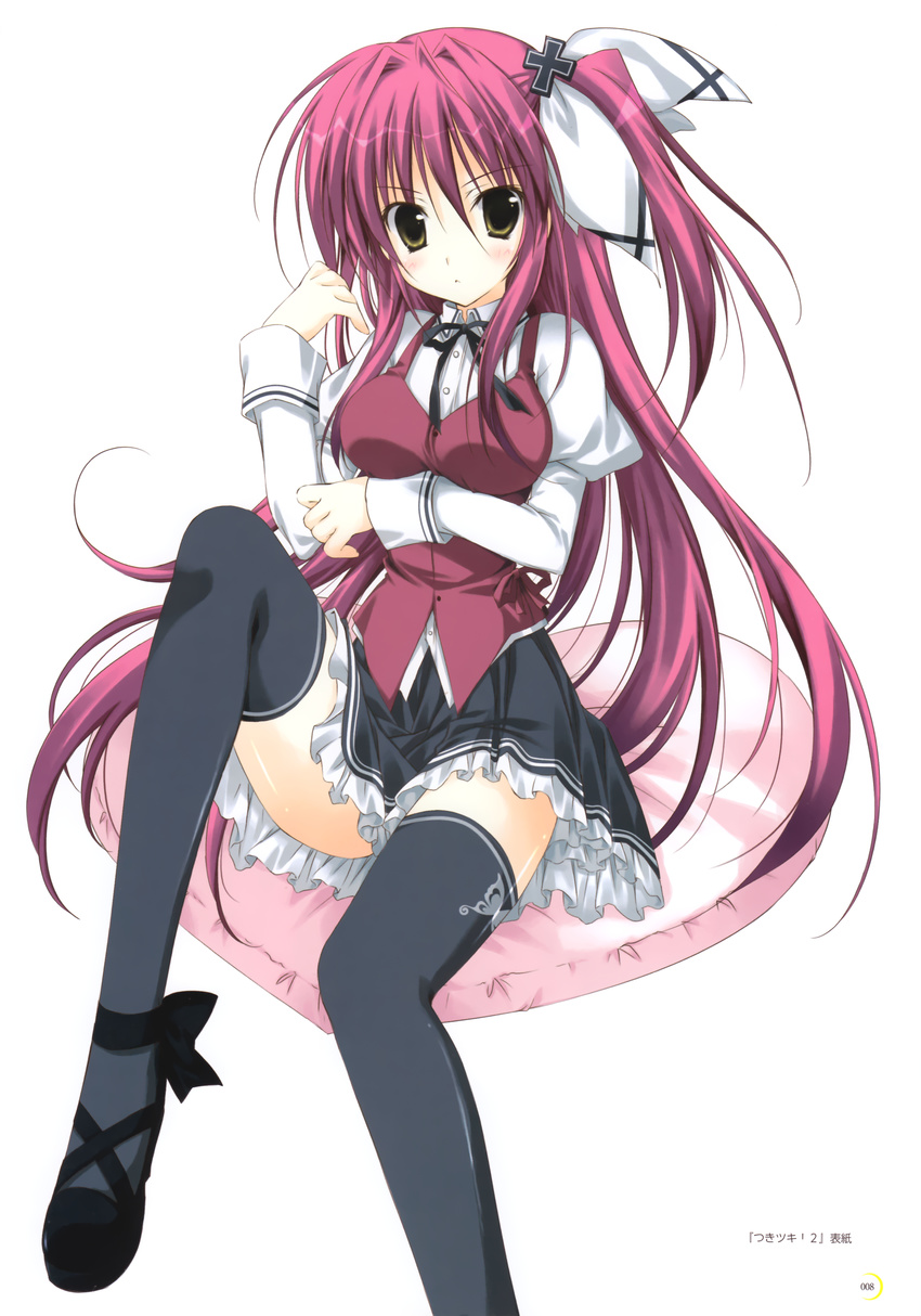 absurdres black_legwear black_ribbon breasts flats highres knee_up korie_riko legs long_hair long_sleeves looking_at_viewer machina_liebelei_orangelo medium_breasts pink_hair ribbon school_uniform shirt shoes simple_background sweater_vest thighhighs tsuki_tsuki! white_background white_shirt yellow_eyes zettai_ryouiki