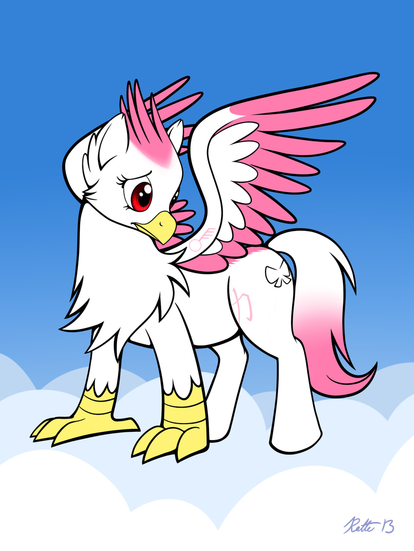 aurali beak chest_tuft cloud cutie_mark feathers female feral hippogryph hooves my_little_pony ratte red_eyes solo talon transformation tuft wings